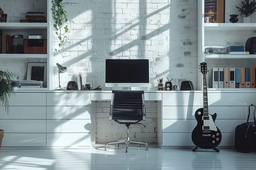 Interior of a contemporary teen's room with a desktop and guitar. Generative AI.