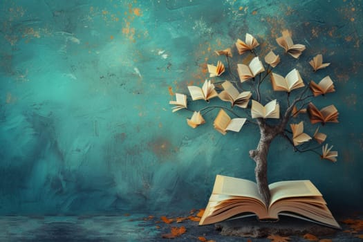 Tree with book leaves symbolizing growth through reading. Generative AI.