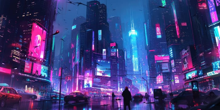 Futuristic city glows with soft hues, complemented by the sleek design of hovering vehicles above the vibrant skyline. Resplendent.