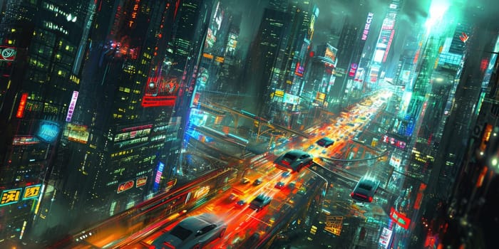 Futuristic city glows with soft hues, complemented by the sleek design of hovering vehicles above the vibrant skyline. Resplendent.