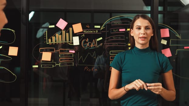 Skilled manager standing at glass wall while looking at camera. Professional caucasian businesswoman or female leader present marketing strategy while using sticky notes and mind mapping. Tracery