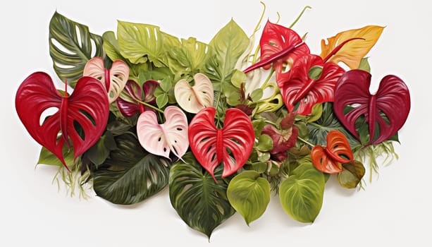 collection of exotic Anthuriums with their hear, isolated, white background. High quality photo
