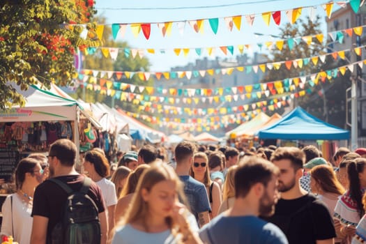 street food festival, realistic photo of masses happy people at a street food festival in daylight.