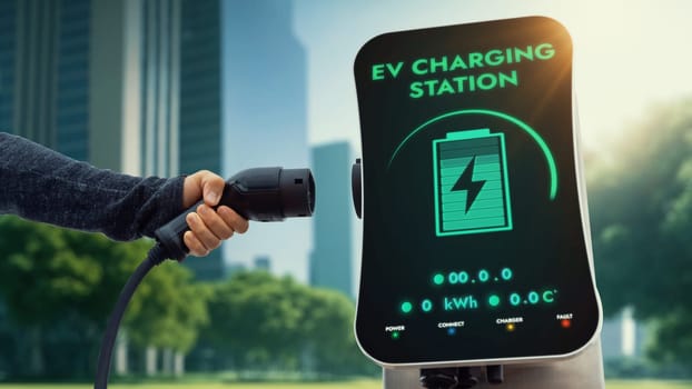 Businessman pull EV charger to recharge his electric car's battery from charging station in green eco city park background. Future innovative EV car and energy sustainability. Peruse