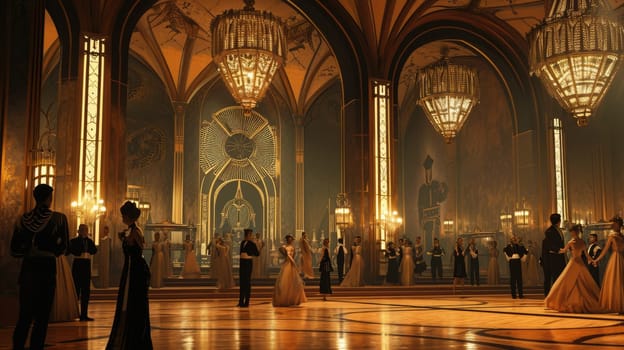 An art deco inspired ballroom from the 1920s, with elegant dancers and lavish decor. Resplendent.