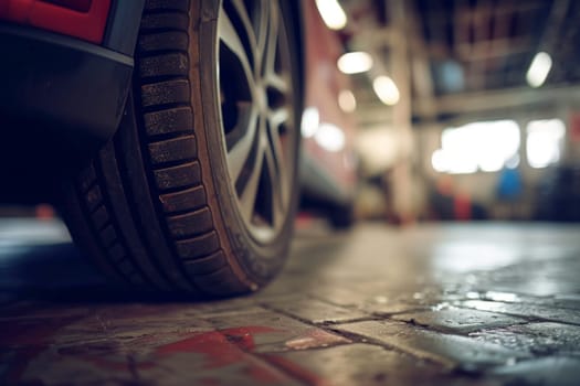 close up tire car in Tire shop, Group of new tires for sale in a tire shop. Generative Ai.