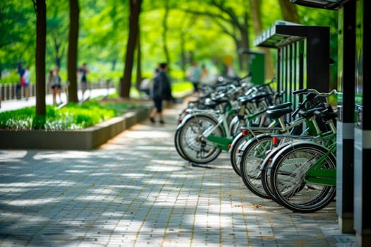 Bike sharing system, many yellow city bikes parked. Healthy ecology urban transportation.AI generative.