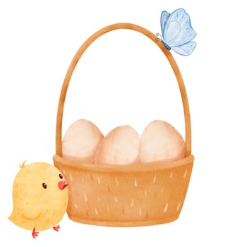 Watercolor illustration of a scene featuring a woven basket filled with eggs and a small yellow chick. for delightful and festive atmosphere. for stock use in Easter-themed designs, cards, and prints.