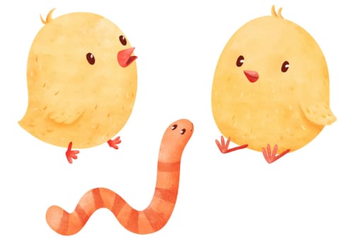 watercolor set showcasing fluffy little chicks and a friendly worm. playful cartoon style, for children's illustrations, Easter-themed designs, and projects seeking a cute and lighthearted touch.
