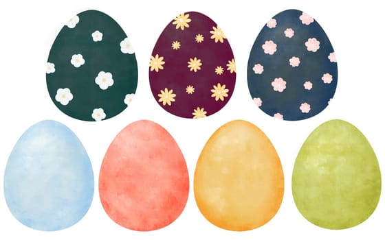 Set of colorful and vibrant watercolor eggs adorned with flowers. diverse collection perfect for infusing artistic and floral elements into creative projects, including textiles, posters, invitations.