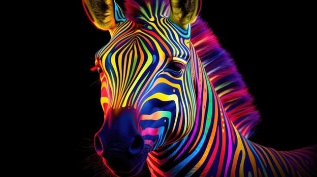 Multi-colored rainbow neon zebra on a black background. Modern design. Contemporary art. AI