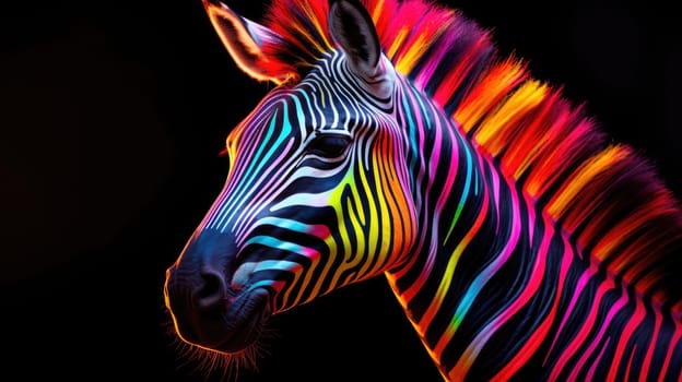 Multi-colored rainbow neon zebra on a black background. Modern design. Contemporary art. AI