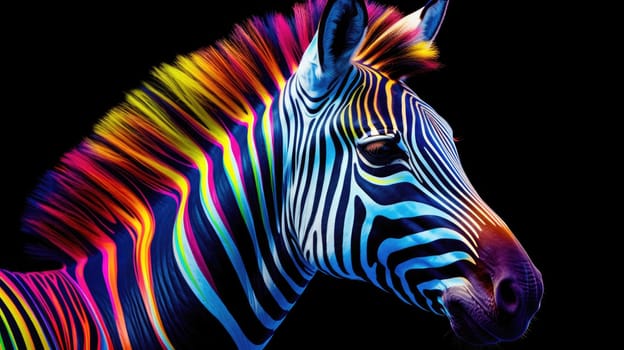 Multi-colored rainbow neon zebra on a black background. Modern design. Contemporary art. AI