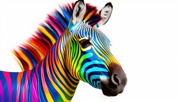 Multi-colored zebra on a white background. Modern design. Contemporary art. AI