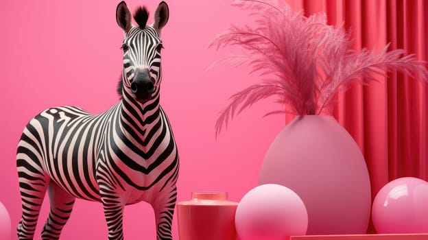 Multi-colored zebra on a pink background. Memphis style. Modern design. Contemporary art. AI