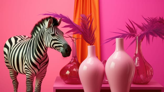 Multi-colored zebra on a pink background. Memphis style. Modern design. Contemporary art. AI
