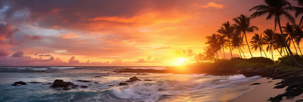 Amazing sunset on a sandy beach with palm trees in the background. Wide format banner AI