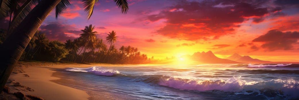 Amazing sunset on a sandy beach with palm trees in the background. Wide format banner AI