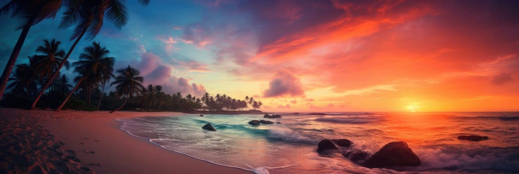 Amazing sunset on a sandy beach with palm trees in the background. Wide format banner AI