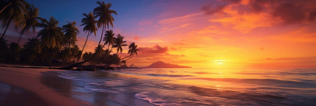 Amazing sunset on a sandy beach with palm trees in the background. Wide format banner AI