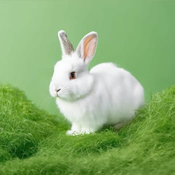 Easter bunny on grass on spring green background AI