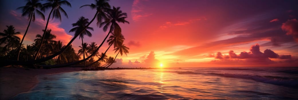 Amazing sunset on a sandy beach with palm trees in the background. Wide format banner AI