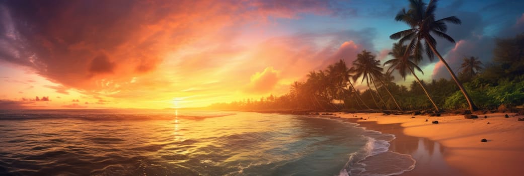 Amazing sunset on a sandy beach with palm trees in the background. Wide format banner AI