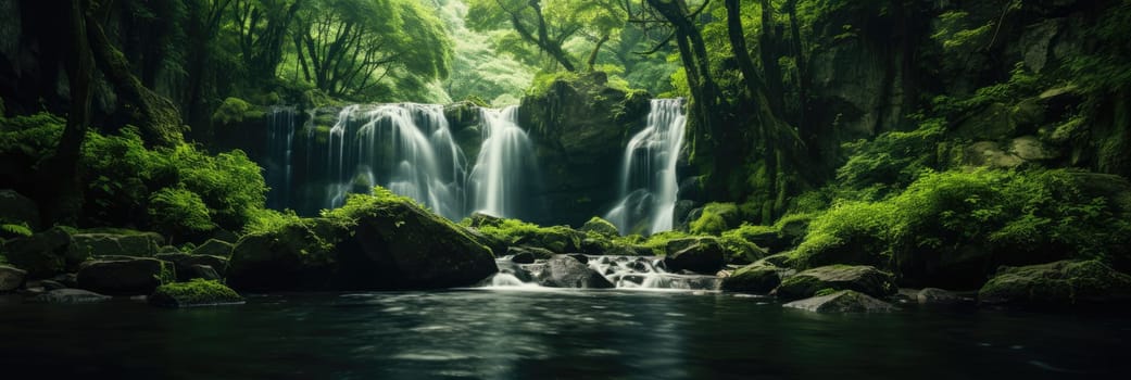 Beautiful waterfall surrounded by green forest. Wide format banner AI