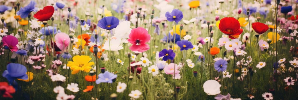 Beautiful cosmos flowers blooming in garden. Flower field blooming in spring. Wide format banner AI
