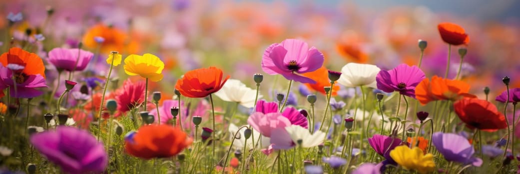 Beautiful cosmos flowers blooming in garden. Flower field blooming in spring. Wide format banner AI