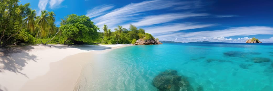 Tropical Paradise. Exotic beach with white sand and clear water. Wide format banner AI