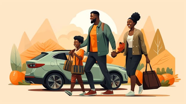 A family of dark skin people with children standing next to their minivan car. illustration. High quality photo