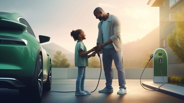 Progressive young parents and daughter with electric vehicle and home charging station. Green and clean energy from electric vehicles for healthy environment. Eco power from renewable source at home. High quality photo