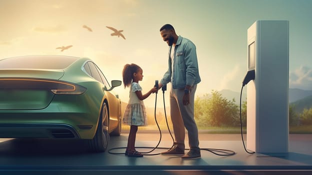 Progressive young parents and daughter with electric vehicle and home charging station. Green and clean energy from electric vehicles for healthy environment. Eco power from renewable source at home. High quality photo