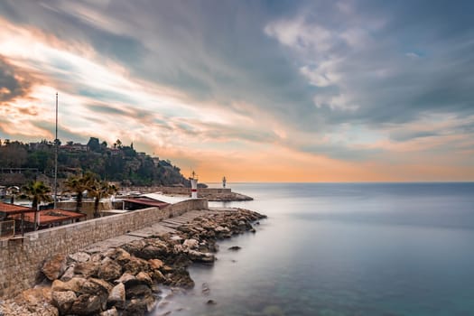 Antalya Old Town marina entrance photographed at sunrise with long exposure technique