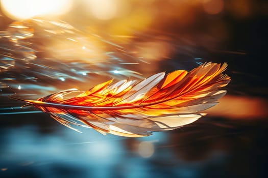 Bird feather illuminated by the sun over water with bokeh background. Motion photography.