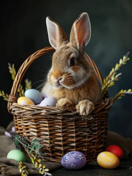 Cute Easter bunny in basket with eggs on dark background. AI generation. High quality