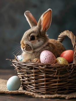 Cute Easter bunny in basket with eggs on dark background. AI generation. High quality