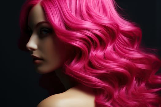 Pink hair close-up. Women's long pink hair. Beautiful styling of wavy shiny curls. Hair coloring. Hairdressing treatments.