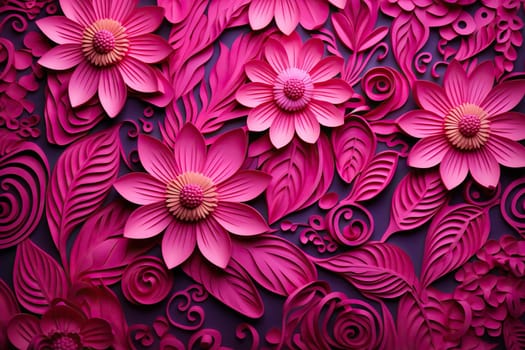 Horizontal pattern with paper flowers in bright burgundy viva magenta color.