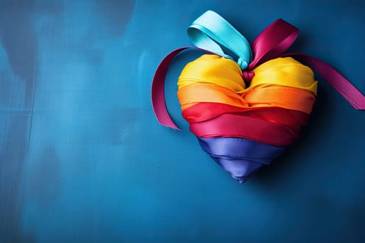 Multi-colored ribbons collected in the shape of a heart on a blue background.