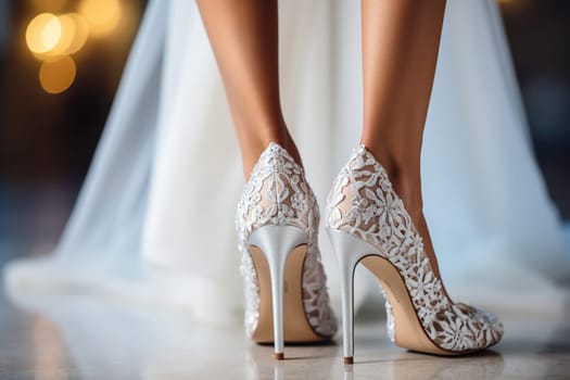 Legs of the bride in wedding elegant high-heeled shoes. Wedding day concept.