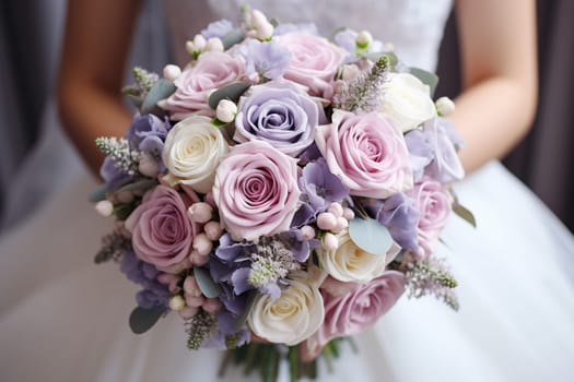 The bride holds an elegant delicate bouquet in her hands. Wedding day concept.