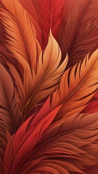 A gradient wallpaper with Feathered shapes using red and chocolate gradient colors. Generative AI.