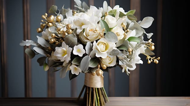A luxurious lush bouquet with white roses and gold decoration stands on the table.