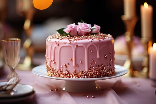 Festive pink cake decorated with gold and fresh flowers.