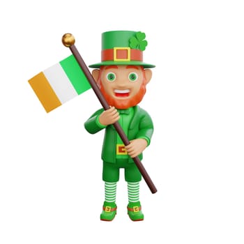 3D illustration of a cheerful leprechaun holding the Irish flag, perfect for St. Patrick's Day themed projects