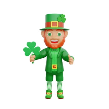 3D illustration of a joyful leprechaun holding a lucky clover, perfect for St. Patrick's Day themed projects