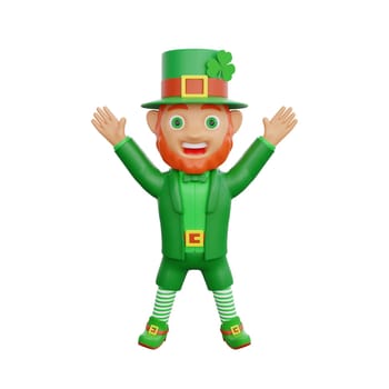 3D illustration of a cheerful leprechaun, leaping joyfully, celebrating St. Patrick’s Day, perfect for St. Patrick's Day themed projects