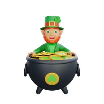 3D illustration of a joyful leprechaun inside a cauldron surrounded by golden coins, perfect for St. Patrick's Day themed projects